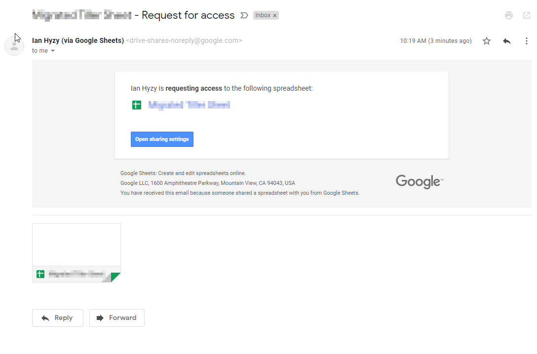 screenshot of request for access email